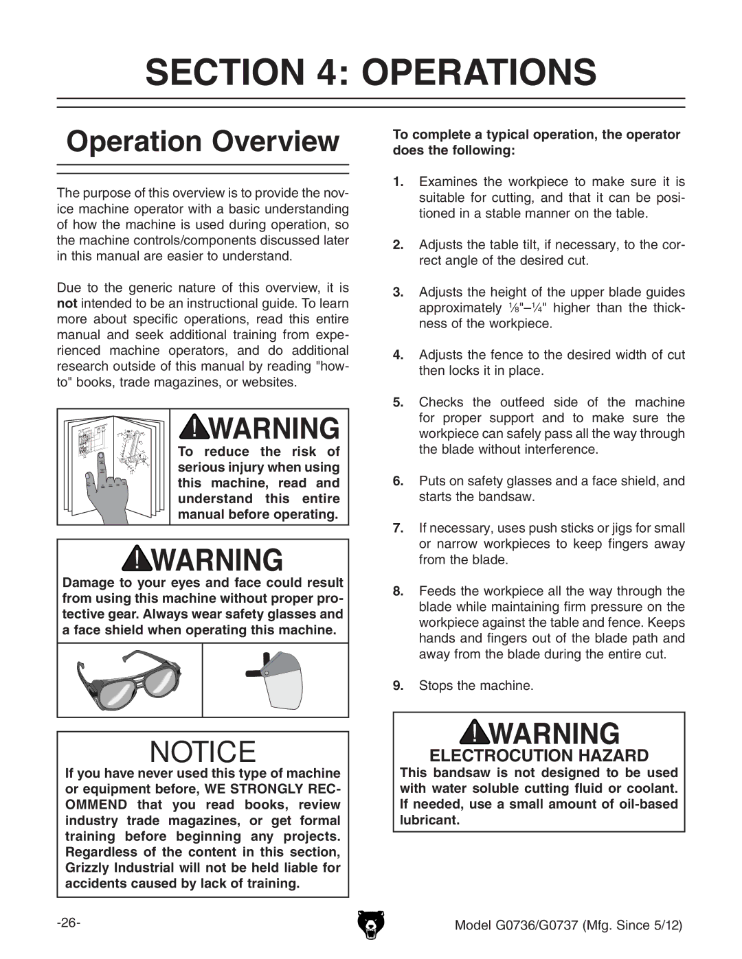 Grizzly G0736 owner manual Operations, Operation Overview,  HidehiZbVXcZ# 