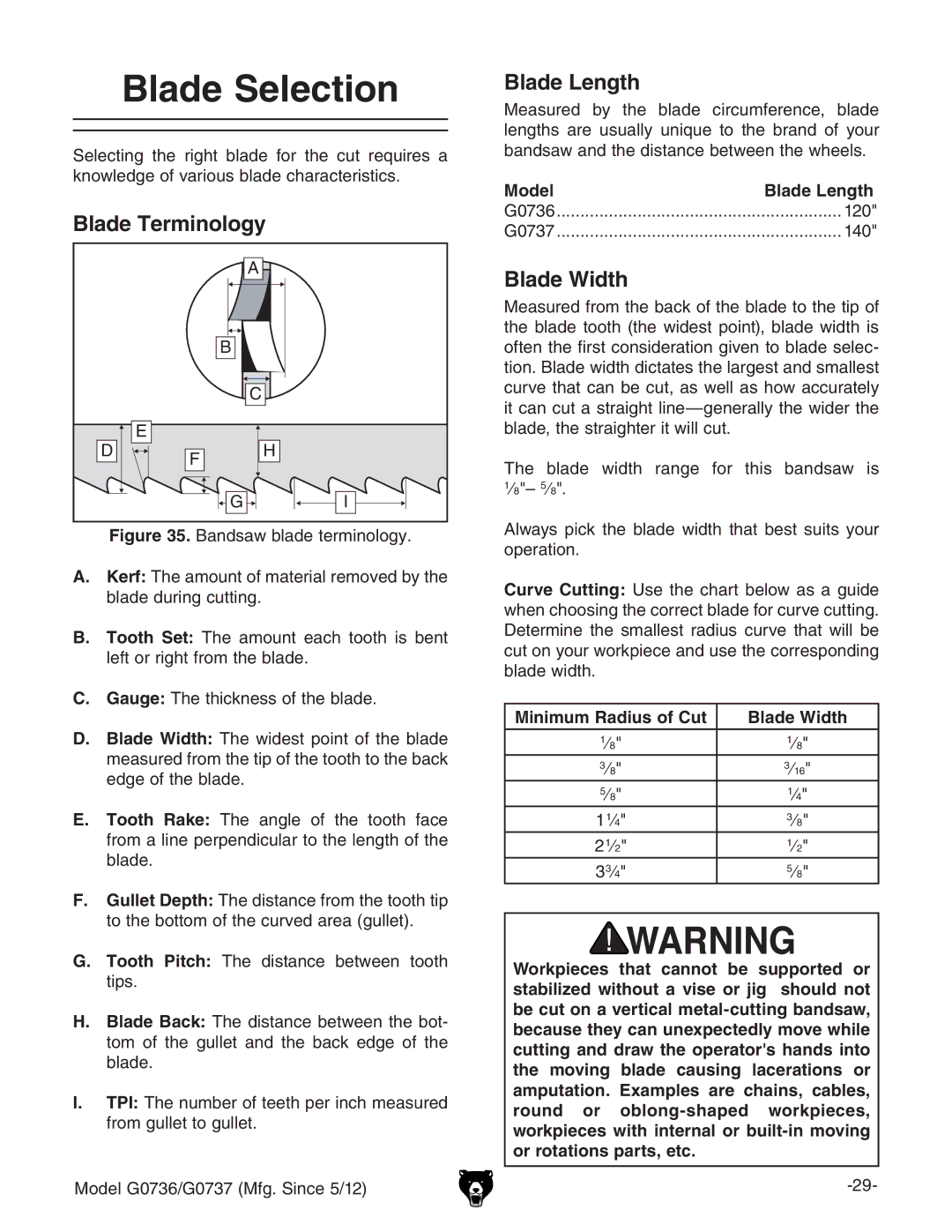 Grizzly G0736 owner manual Blade Selection, Blade Terminology, Blade Length, Blade Width 