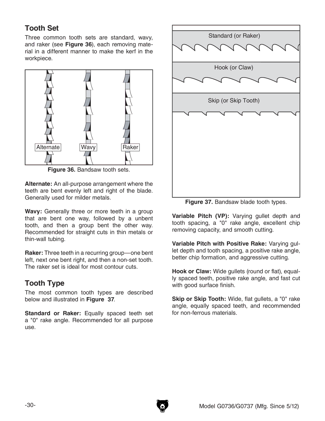 Grizzly G0736 owner manual Tooth Set, Tooth Type, 6aiZg cViZ LVkn 