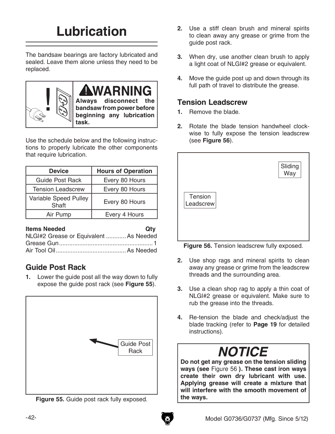 Grizzly G0736 owner manual Lubrication, Guide Post Rack, Tension Leadscrew 