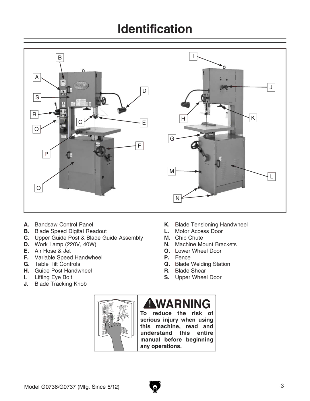 Grizzly G0736 owner manual Identification, 7VcYhVl8dcigdaEVcZa, BdYZa%,+$%,,B\#HcXZ*$& 