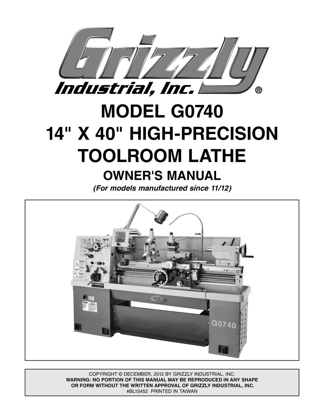 Grizzly owner manual Model G0740 14 X 40 HIGH-PRECISION Toolroom Lathe 