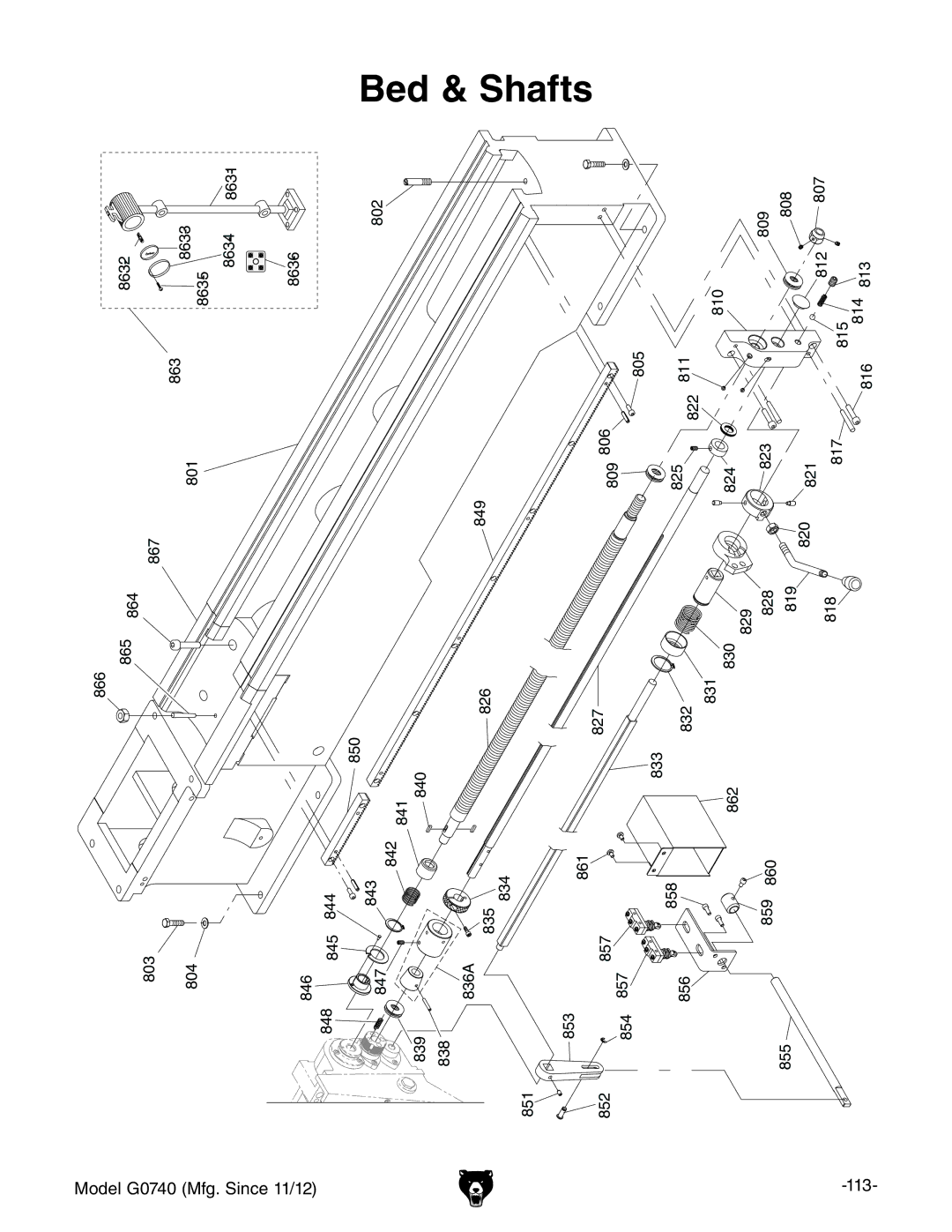 Grizzly G0740 owner manual Bed, Shafts 