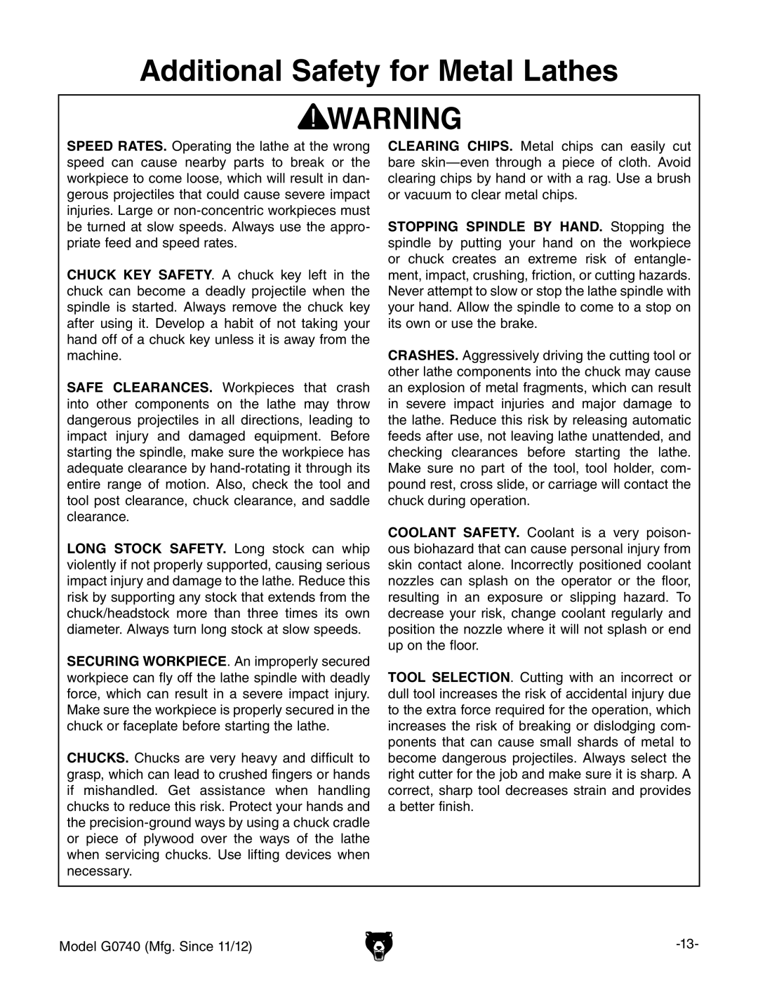 Grizzly G0740 owner manual Additional Safety for Metal Lathes 