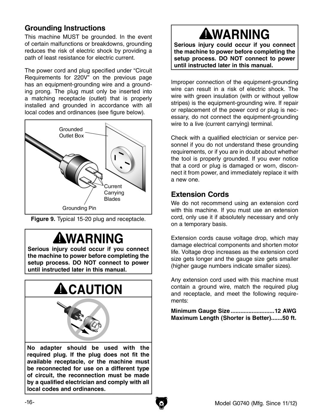 Grizzly G0740 owner manual Grounding Instructions, Extension Cords, Minimum Gauge Size 12 AWG, 50 ft 