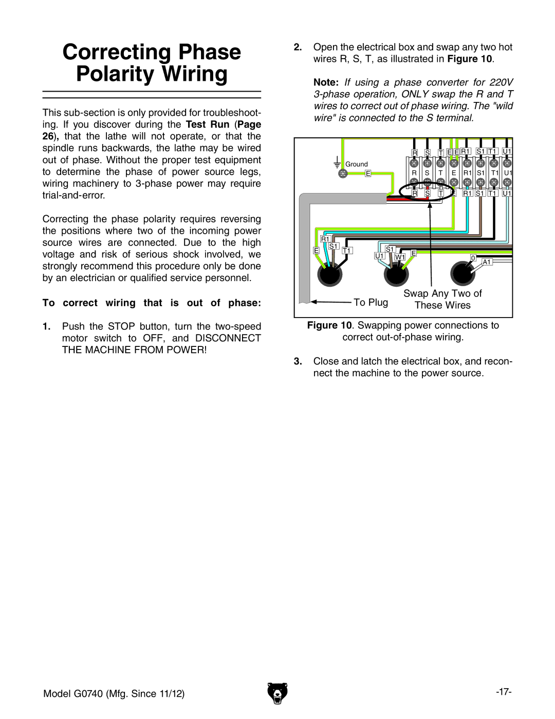 Grizzly G0740 owner manual Correcting Phase Polarity Wiring, To correct wiring that is out of phase 