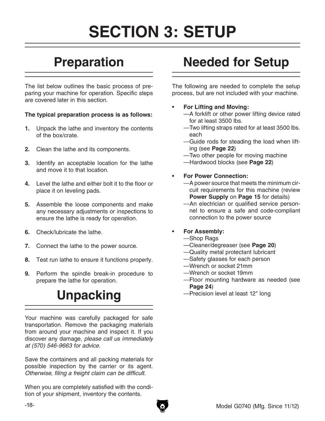 Grizzly G0740 owner manual Preparation, Unpacking, Needed for Setup 