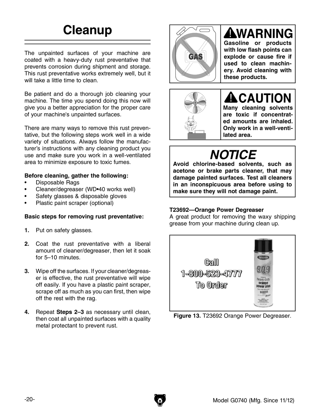 Grizzly G0740 owner manual Cleanup, Before cleaning, gather the following, Basic steps for removing rust preventative 