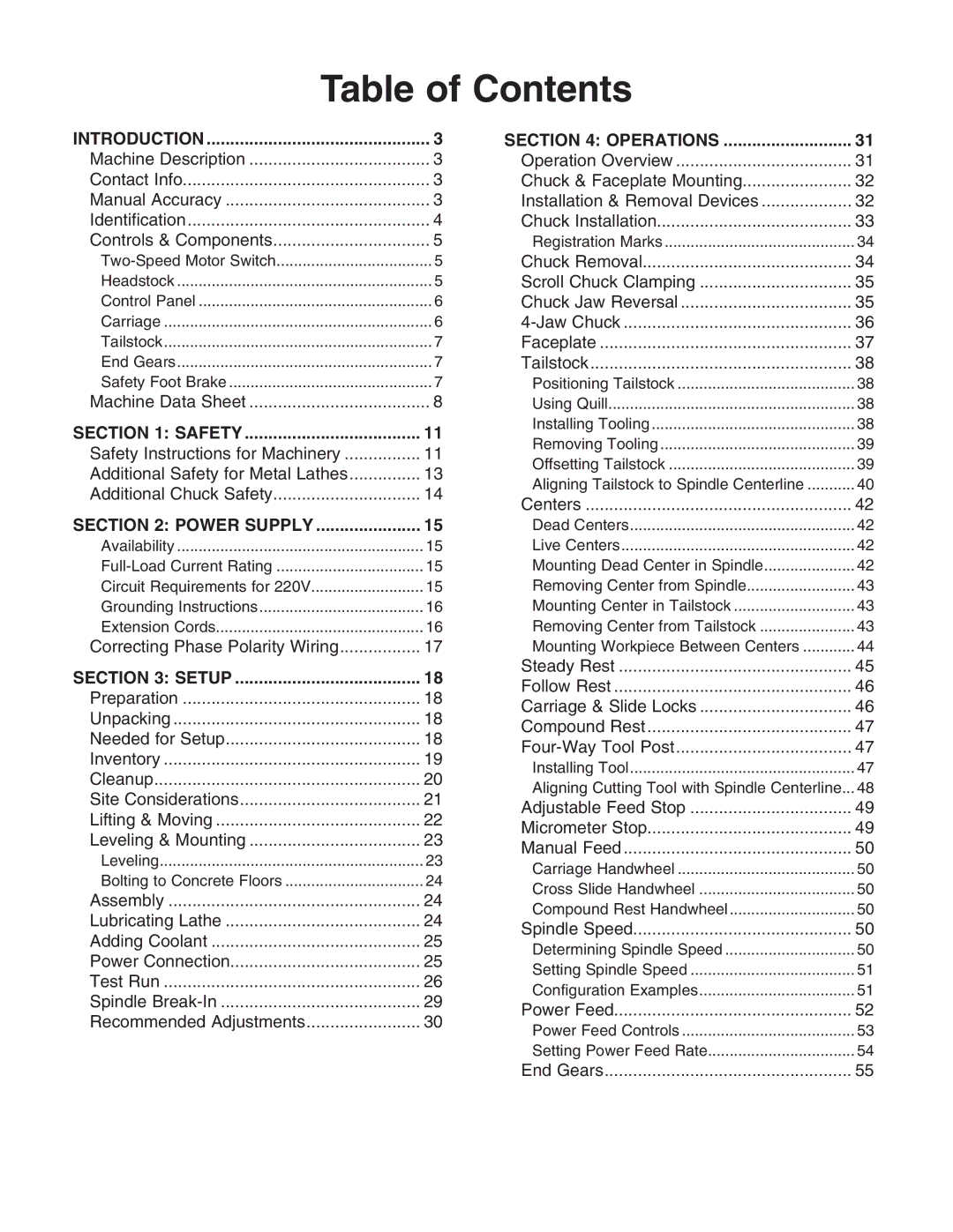 Grizzly G0740 owner manual Table of Contents 