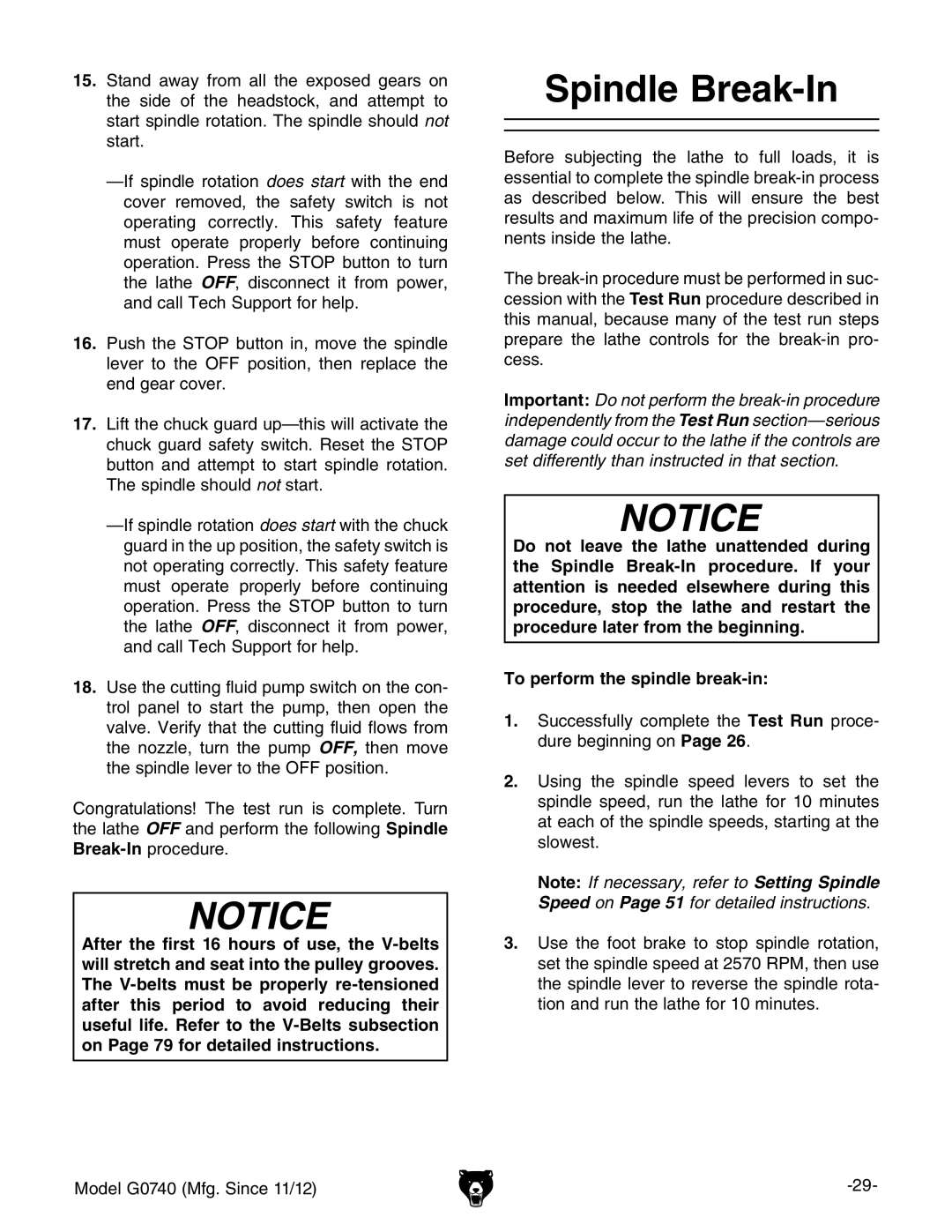 Grizzly G0740 owner manual Spindle Break-In 