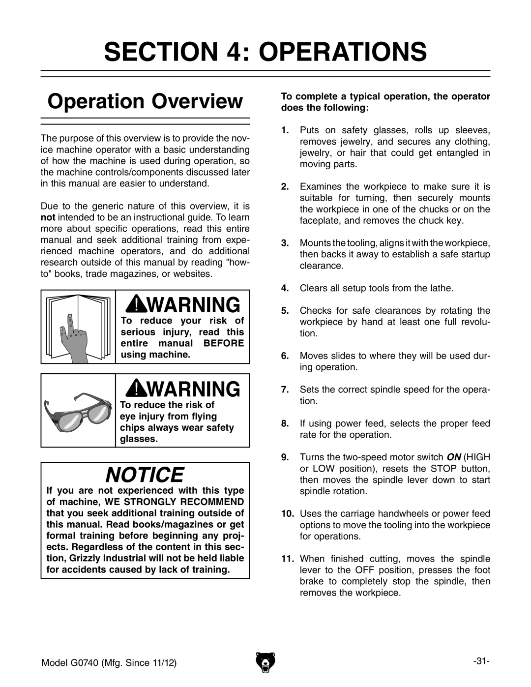 Grizzly G0740 owner manual Operations, Operation Overview 