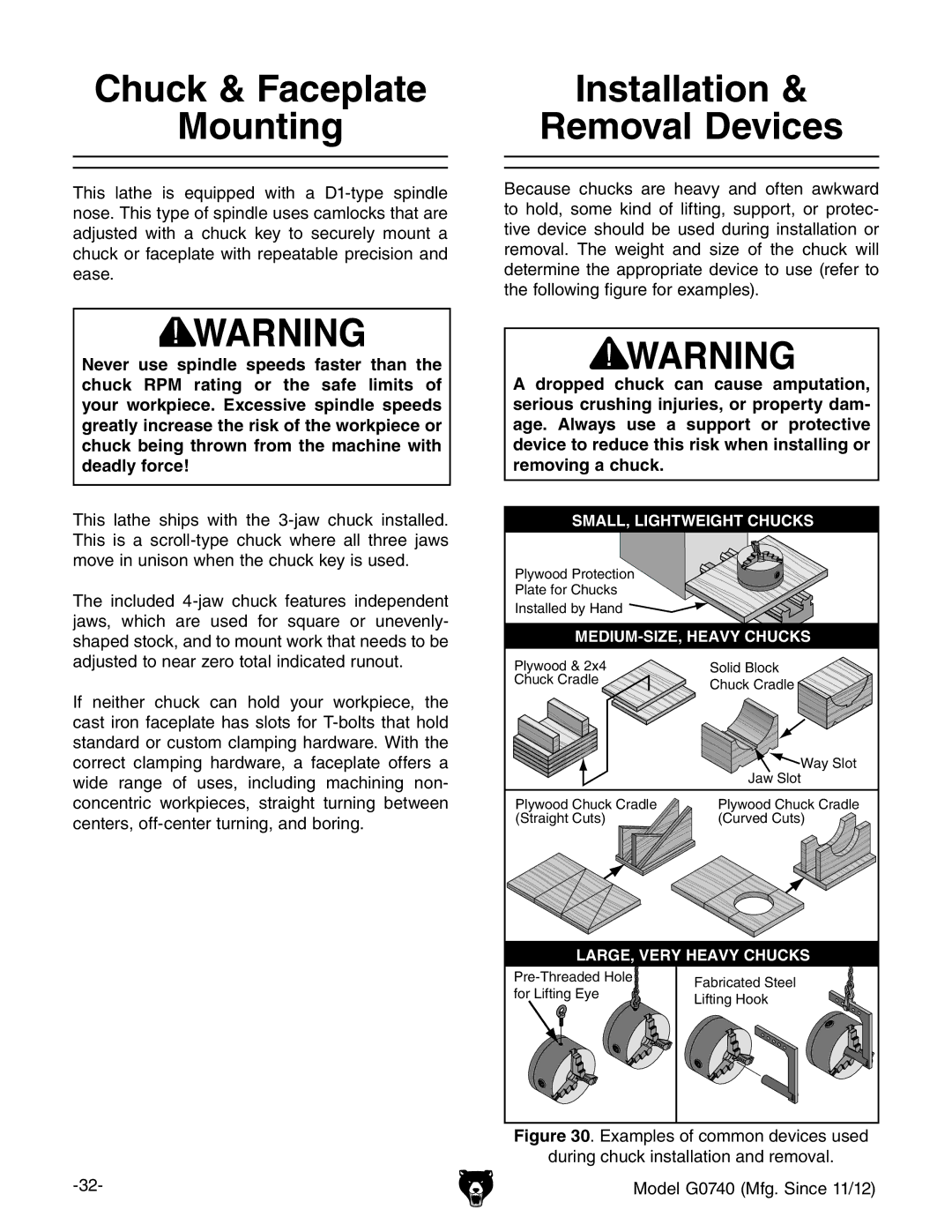 Grizzly G0740 owner manual Chuck & Faceplate Mounting Installation Removal Devices, MEDIUM-SIZE, Heavy Chucks 