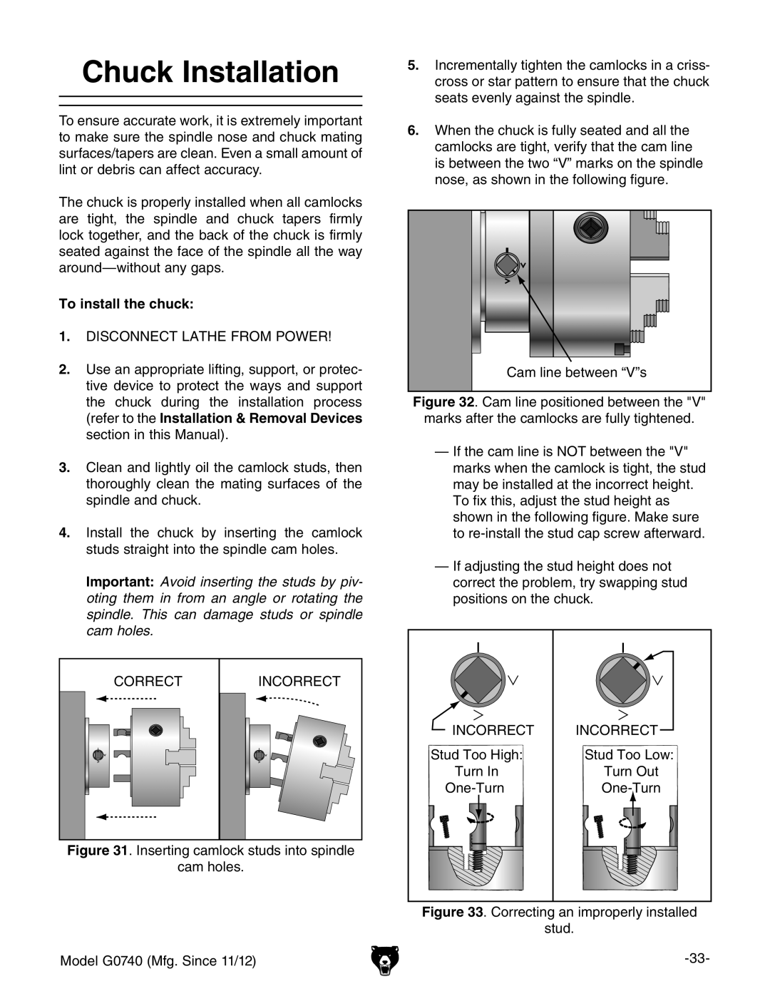 Grizzly G0740 owner manual Chuck Installation, To install the chuck 