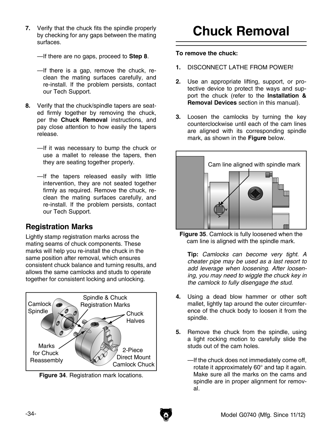 Grizzly G0740 owner manual Chuck Removal, Registration Marks, To remove the chuck 