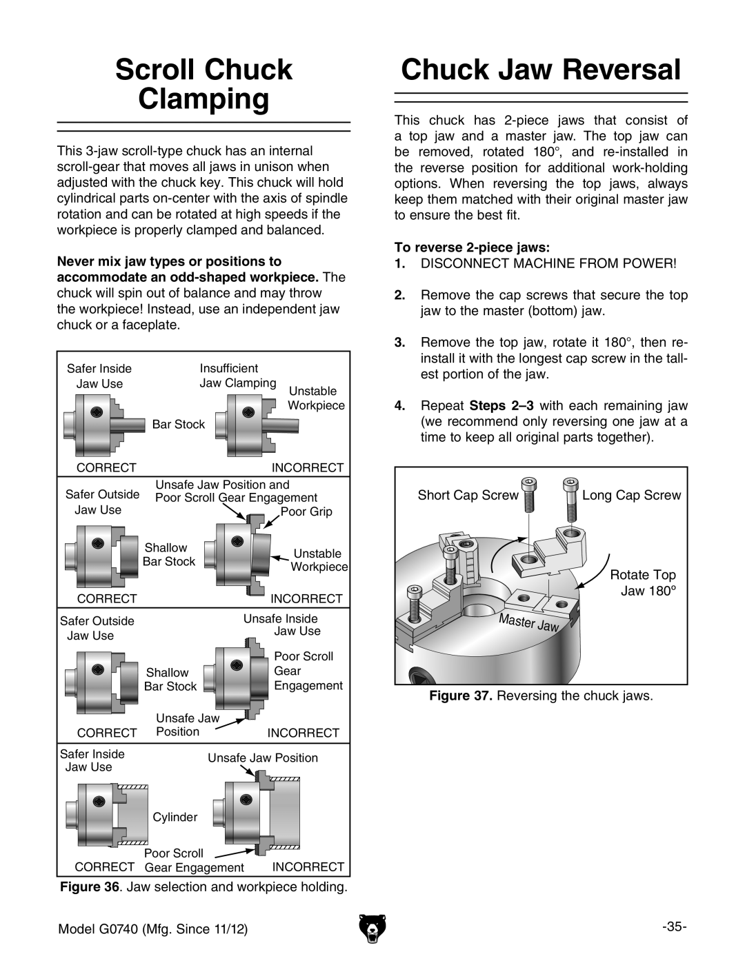 Grizzly G0740 owner manual Scroll Chuck Clamping, Chuck Jaw Reversal, To reverse 2-piece jaws 