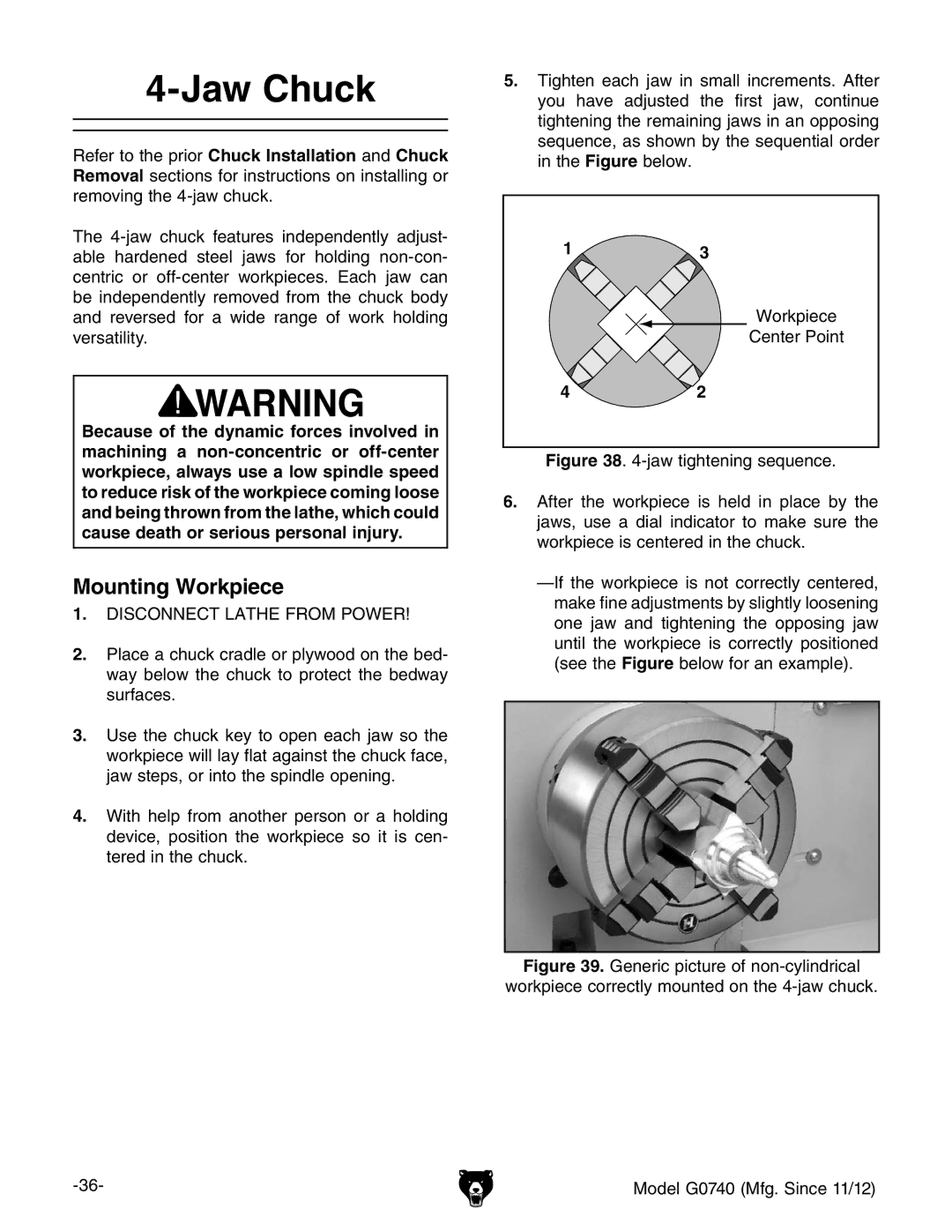 Grizzly G0740 owner manual Jaw Chuck, Mounting Workpiece 