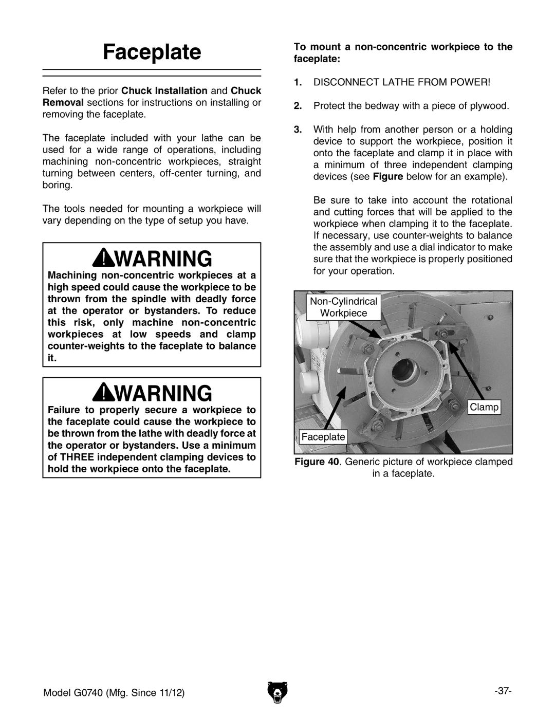 Grizzly G0740 owner manual Faceplate, To mount a non-concentric workpiece to the faceplate 