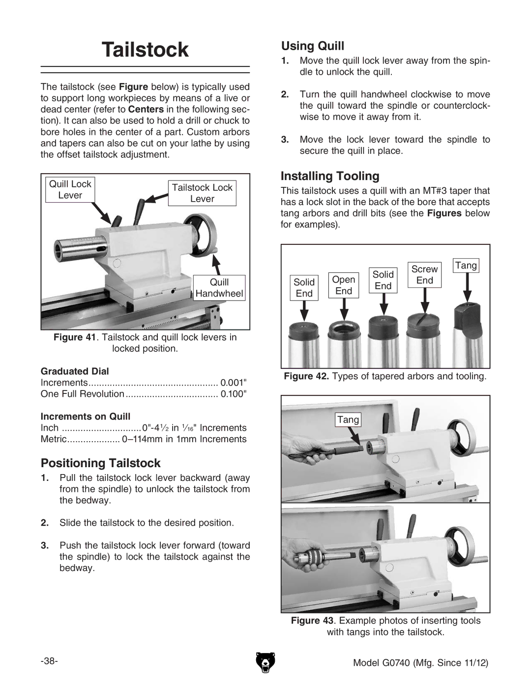 Grizzly G0740 owner manual Positioning Tailstock, Using Quill, Installing Tooling 