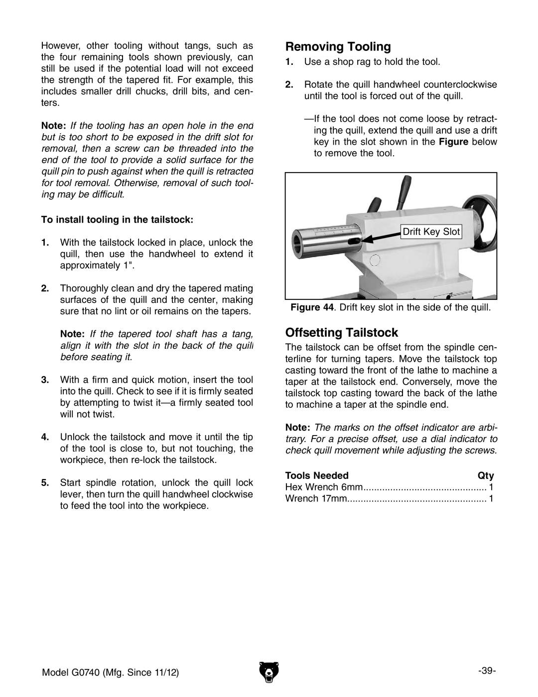 Grizzly G0740 owner manual Removing Tooling, Offsetting Tailstock, To install tooling in the tailstock, Tools Needed Qty 