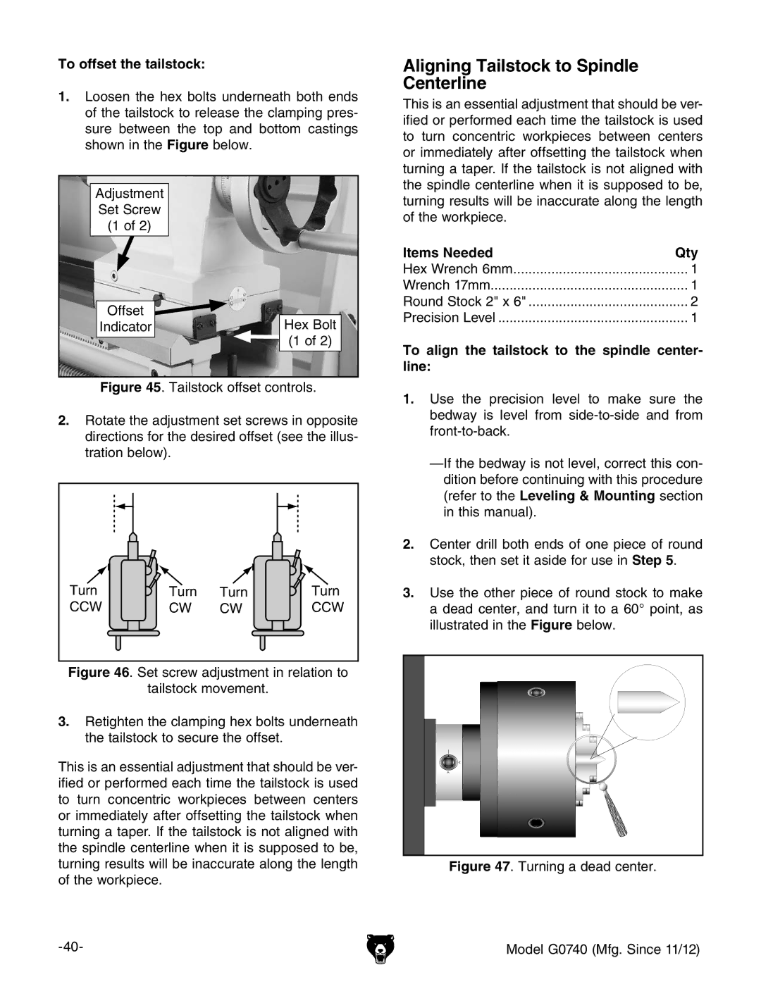 Grizzly G0740 owner manual Aligning Tailstock to Spindle Centerline, To offset the tailstock, Items Needed Qty 