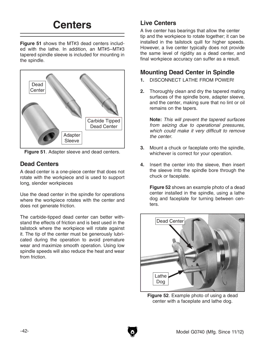 Grizzly G0740 owner manual Dead Centers, Live Centers, Mounting Dead Center in Spindle 