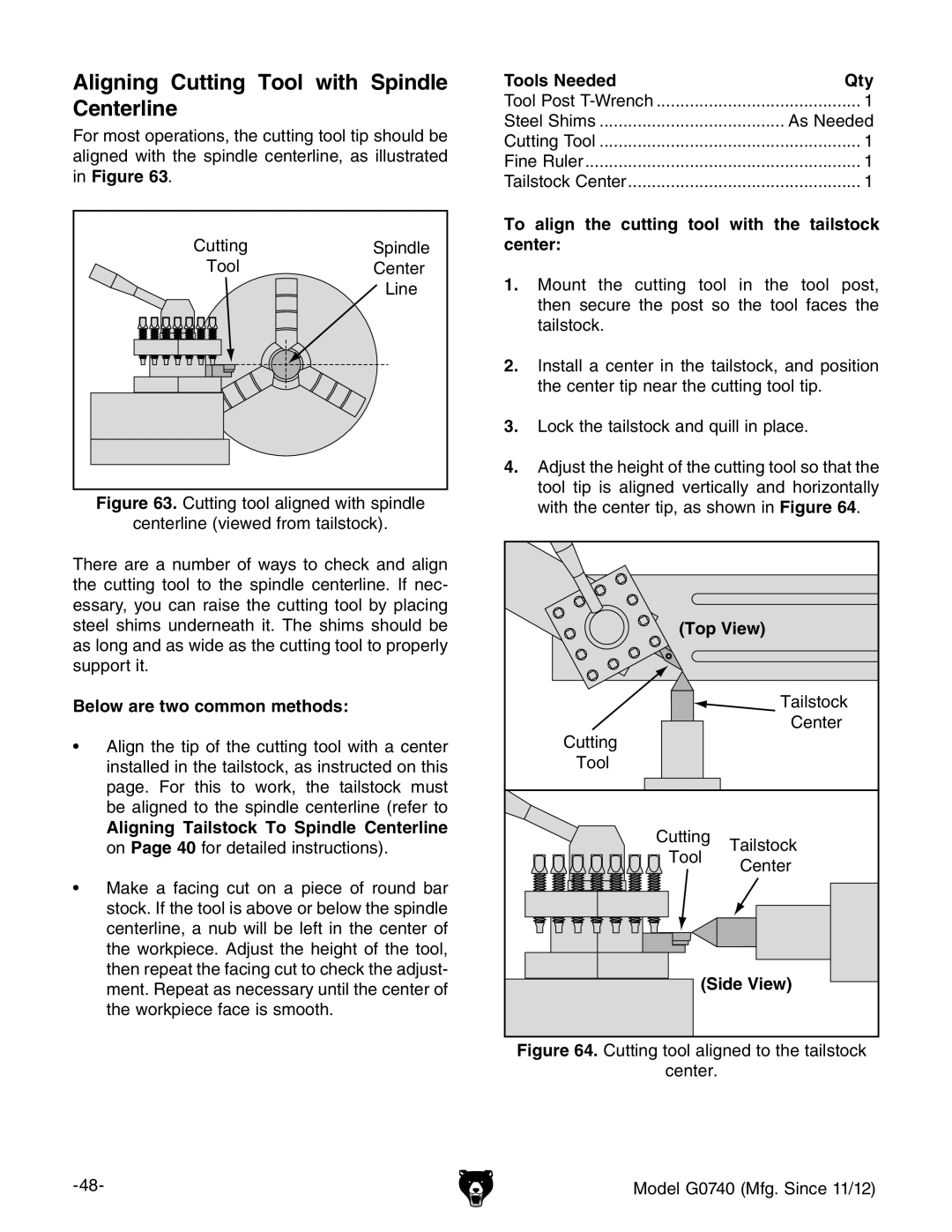 Grizzly G0740 owner manual Aligning Cutting Tool with Spindle Centerline, Below are two common methods, Top View, Side View 