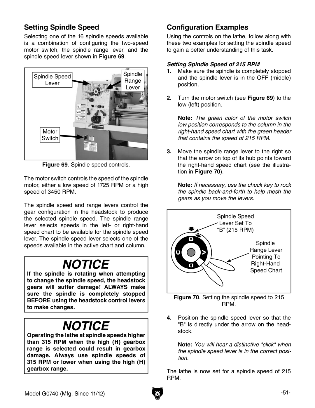 Grizzly G0740 owner manual Setting Spindle Speed, Configuration Examples 