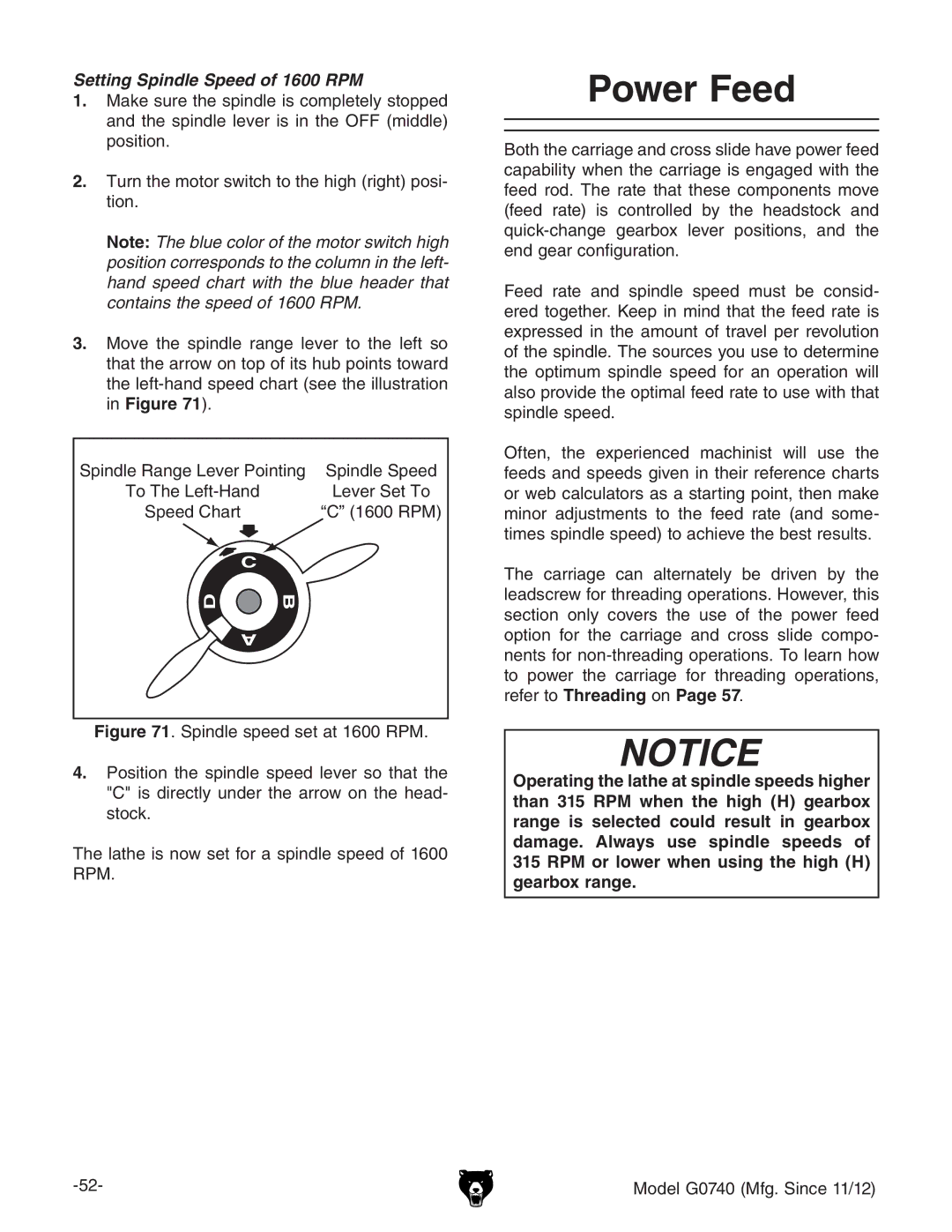 Grizzly G0740 owner manual Power Feed, Setting Spindle Speed of 1600 RPM 