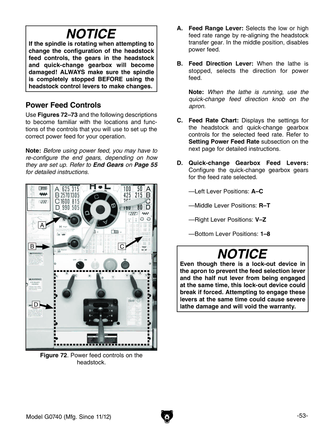 Grizzly G0740 owner manual Power Feed Controls 