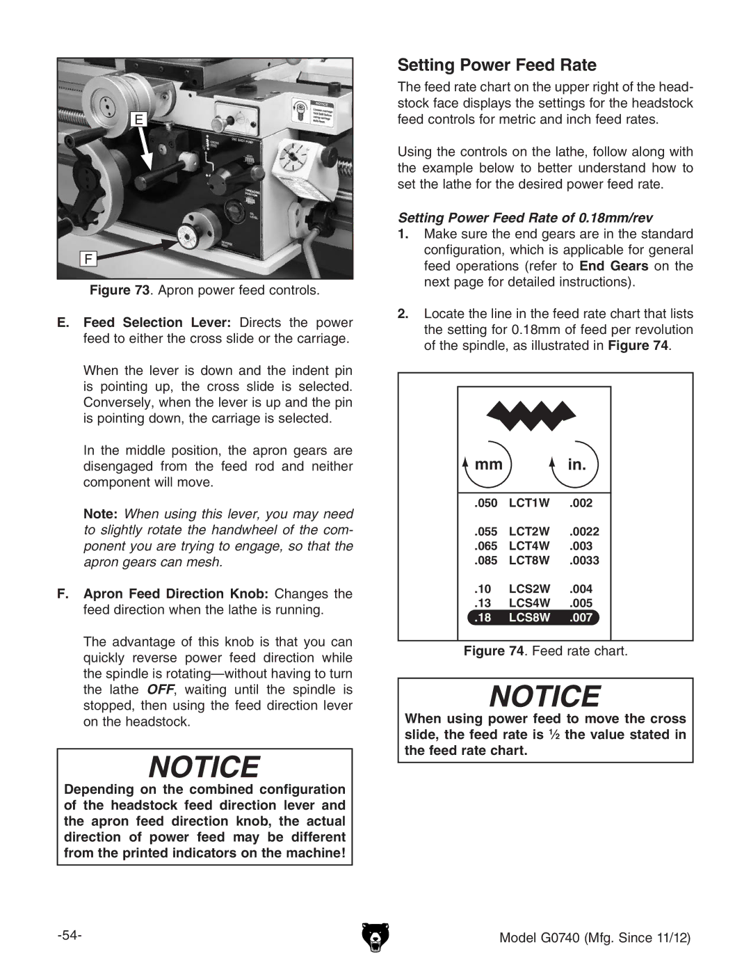 Grizzly G0740 owner manual Setting Power Feed Rate of 0.18mm/rev 