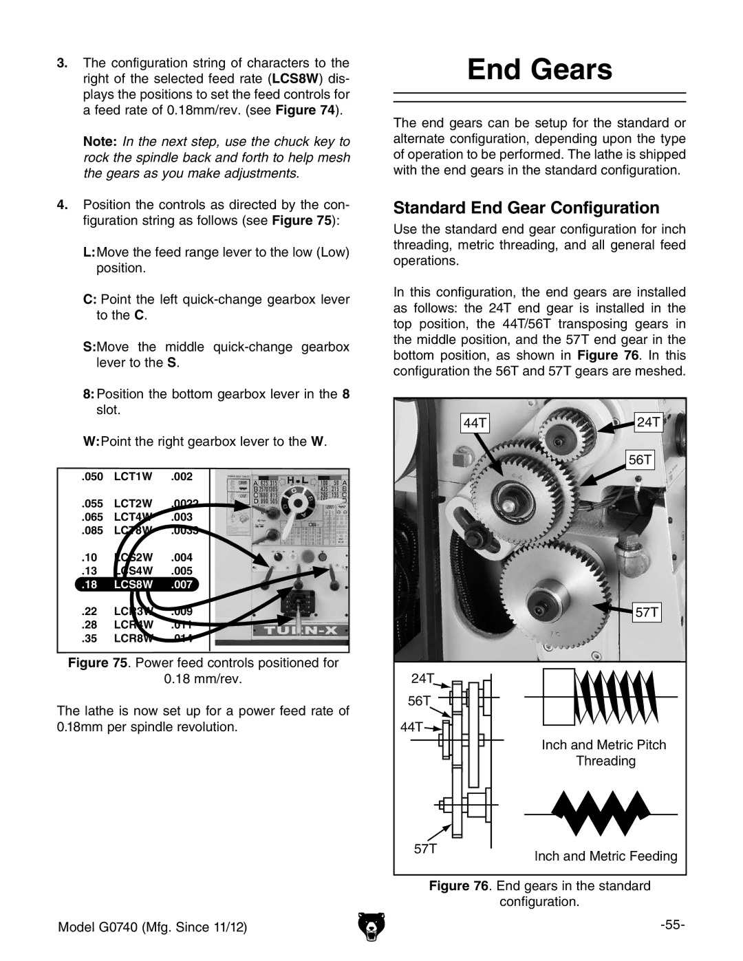 Grizzly G0740 owner manual End Gears, Standard End Gear Configuration 