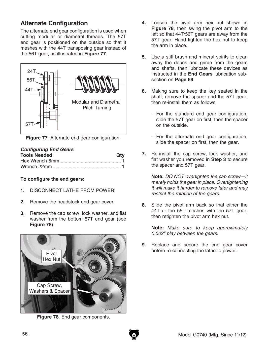 Grizzly G0740 owner manual Alternate Configuration, To configure the end gears 