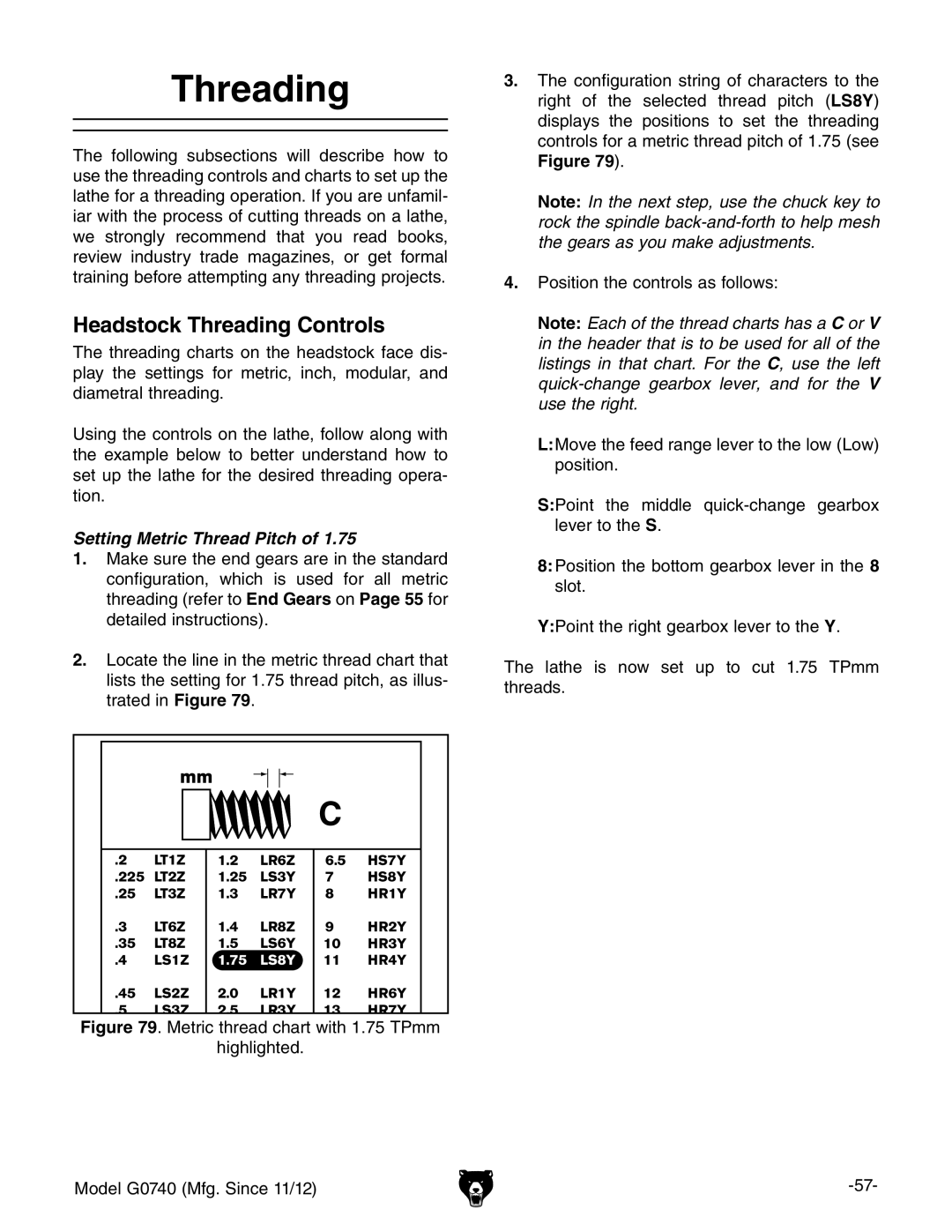 Grizzly G0740 owner manual Headstock Threading Controls 