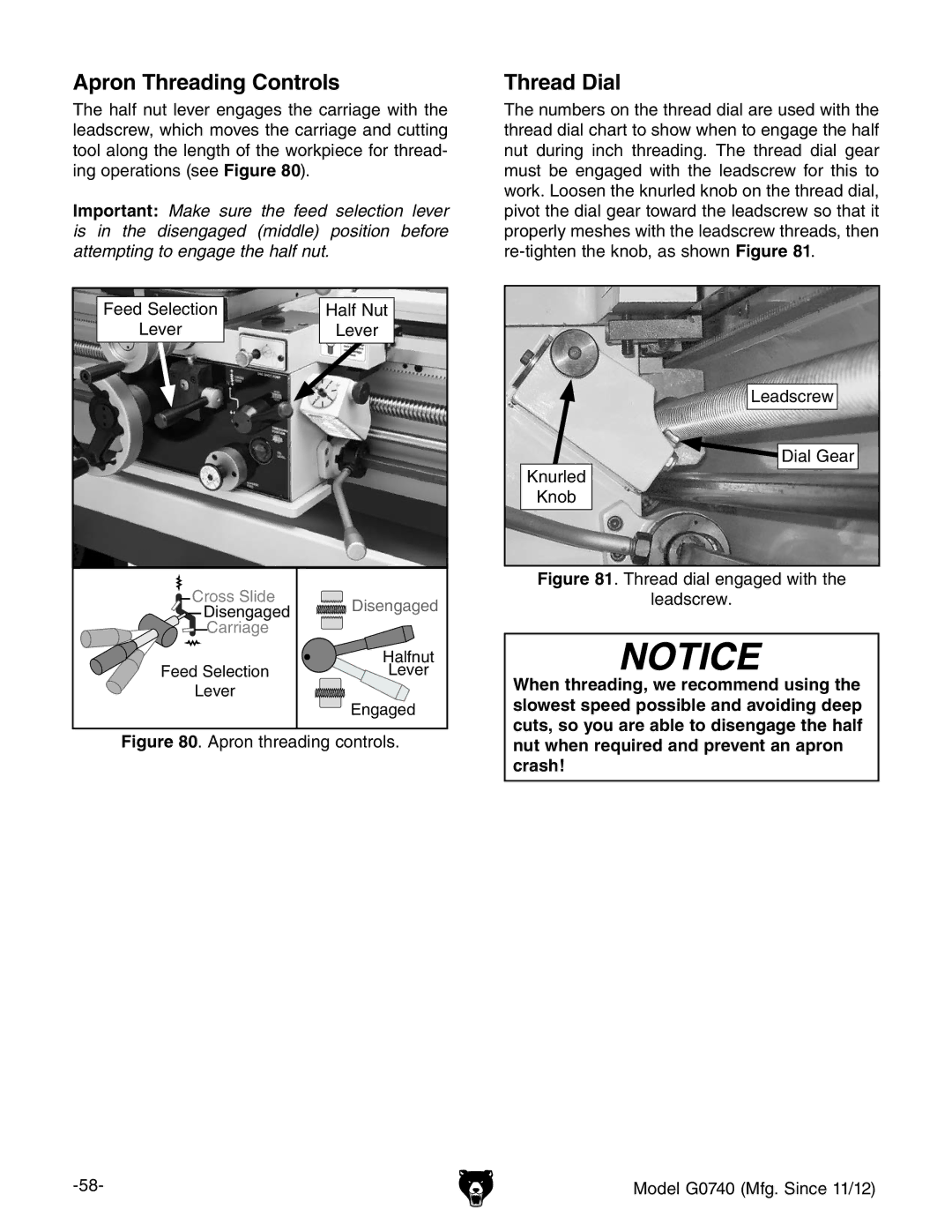 Grizzly G0740 owner manual Apron Threading Controls, Thread Dial, Nut when required and prevent an apron crash 