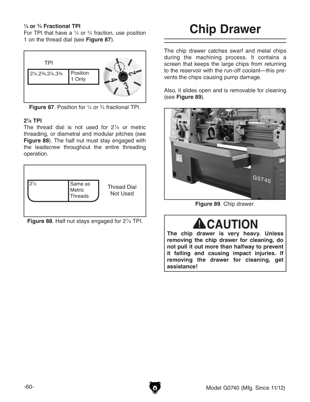 Grizzly G0740 owner manual Chip Drawer, ⁄4 or 3⁄4 Fractional TPI, 27⁄8 TPI 