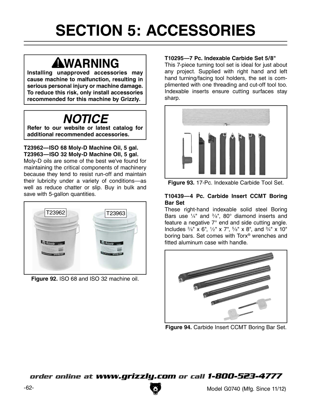 Grizzly G0740 owner manual Accessories, T10439-4 Pc. Carbide Insert Ccmt Boring Bar Set 