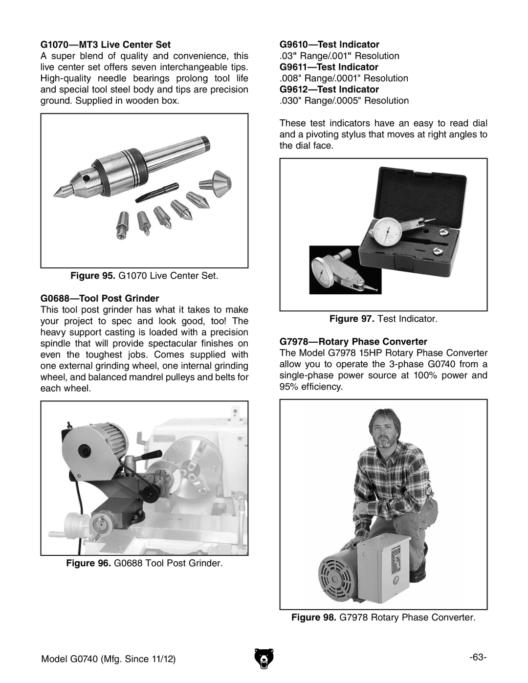 Grizzly G0740 owner manual G1070-MT3 Live Center Set, G0688-Tool Post Grinder, G9610-Test Indicator, G9611-Test Indicator 