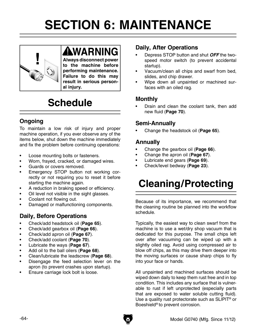 Grizzly G0740 owner manual Maintenance, Schedule, Cleaning/Protecting 