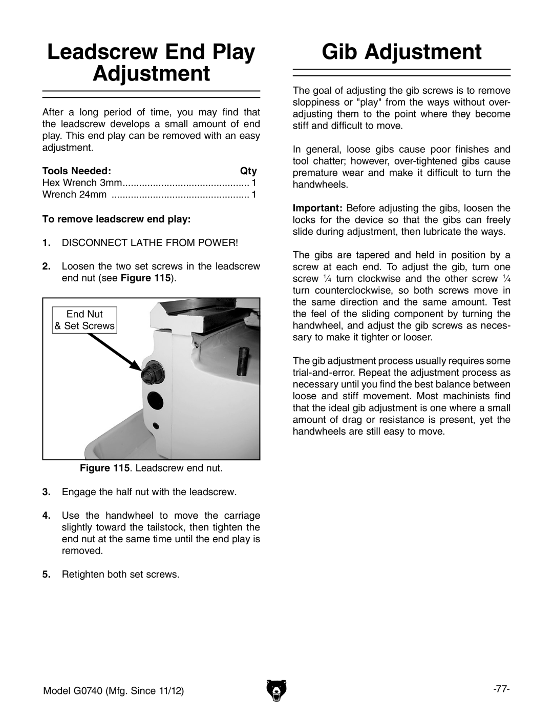 Grizzly G0740 owner manual Leadscrew End Play Adjustment, Gib Adjustment, To remove leadscrew end play 