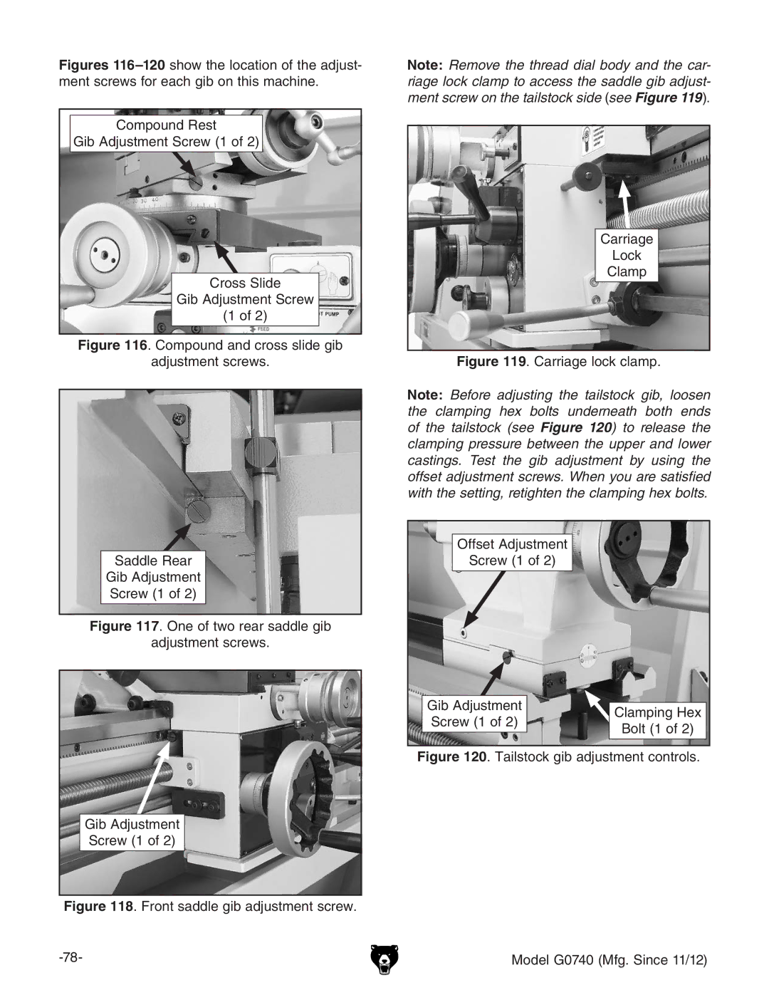 Grizzly G0740 owner manual Front saddle gib adjustment screw Carriage Lock Clamp 