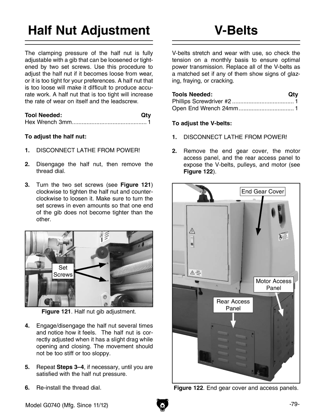 Grizzly G0740 owner manual Half Nut Adjustment, Belts, To adjust the half nut, To adjust the V-belts 