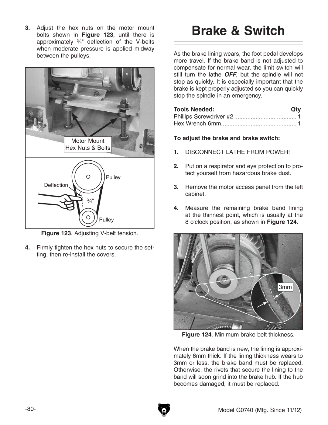 Grizzly G0740 owner manual Brake & Switch, To adjust the brake and brake switch 