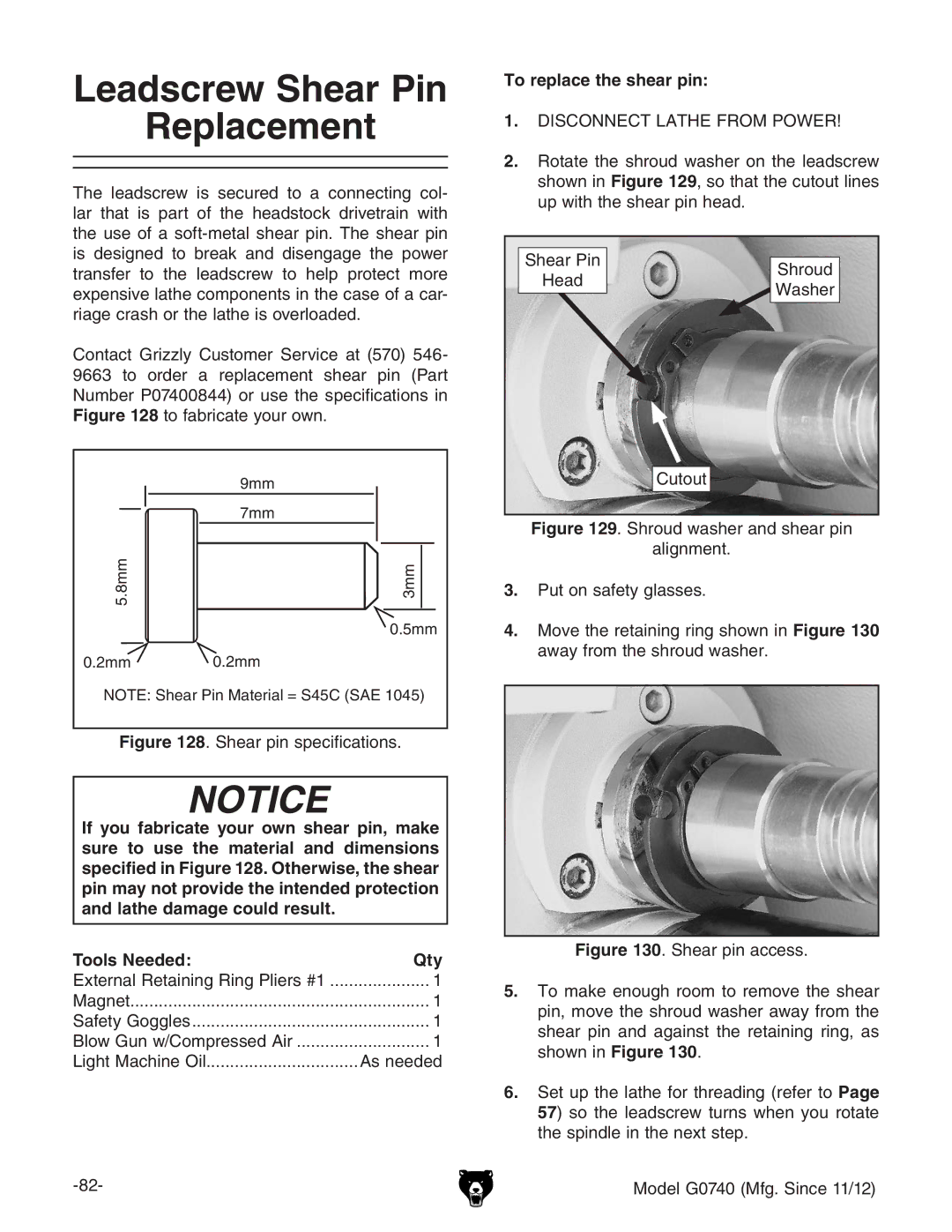 Grizzly G0740 owner manual Leadscrew Shear Pin Replacement, To replace the shear pin 