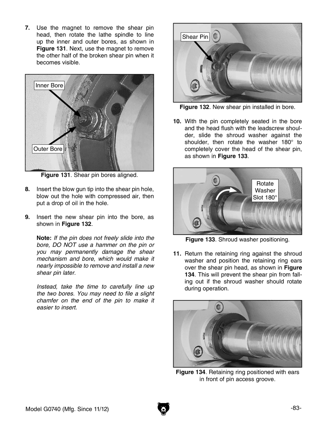 Grizzly G0740 owner manual Shear Pin 