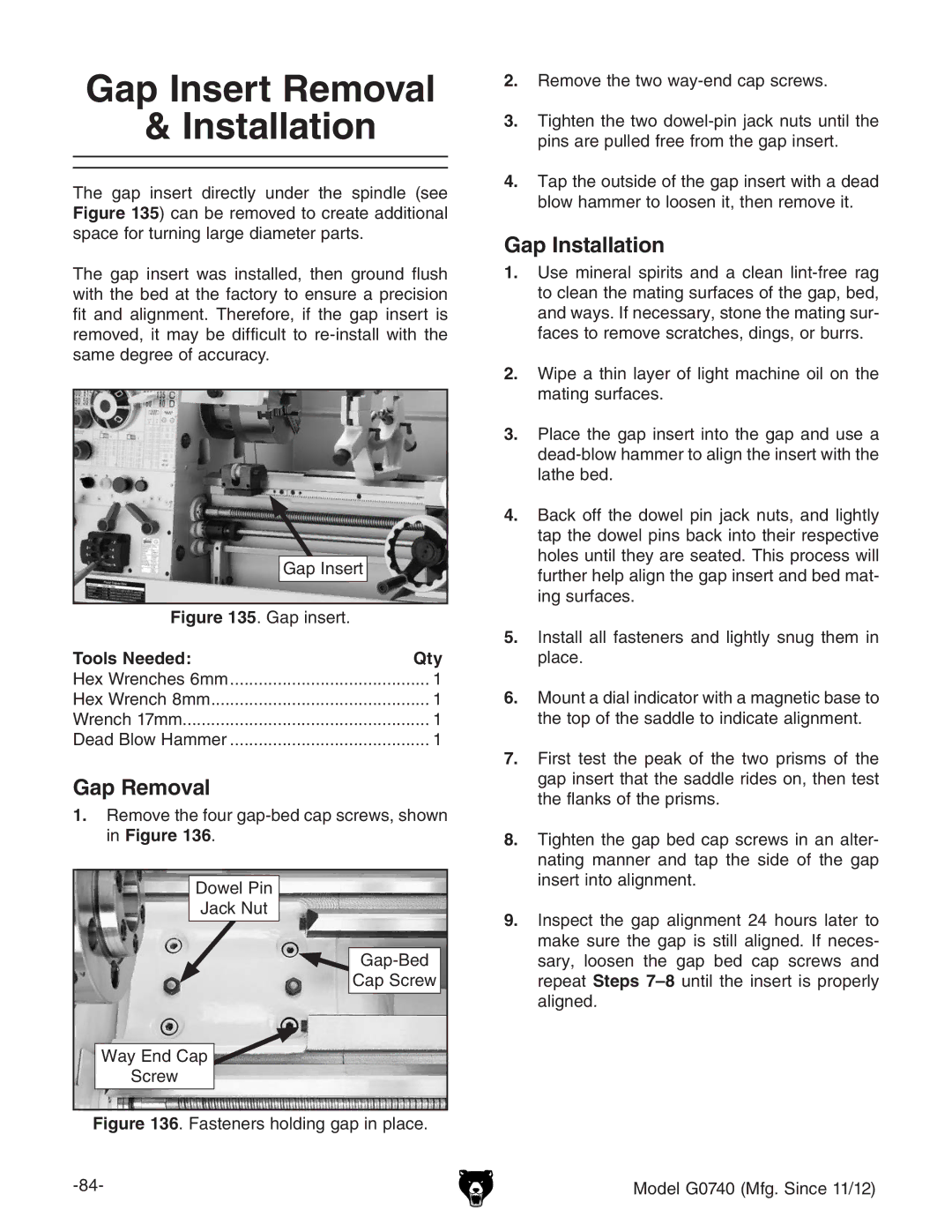 Grizzly G0740 owner manual Gap Insert Removal Installation, Gap Removal, Gap Installation 