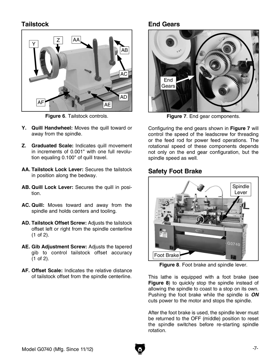 Grizzly G0740 owner manual Tailstock, End Gears, Safety Foot Brake 