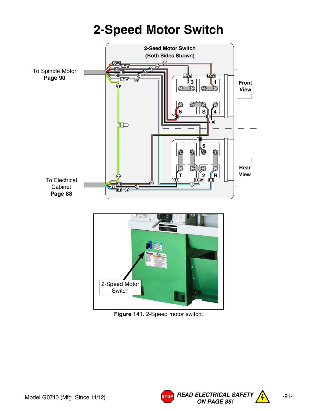 Grizzly G0740 owner manual Speed Motor Switch, To Electrical Cabinet 