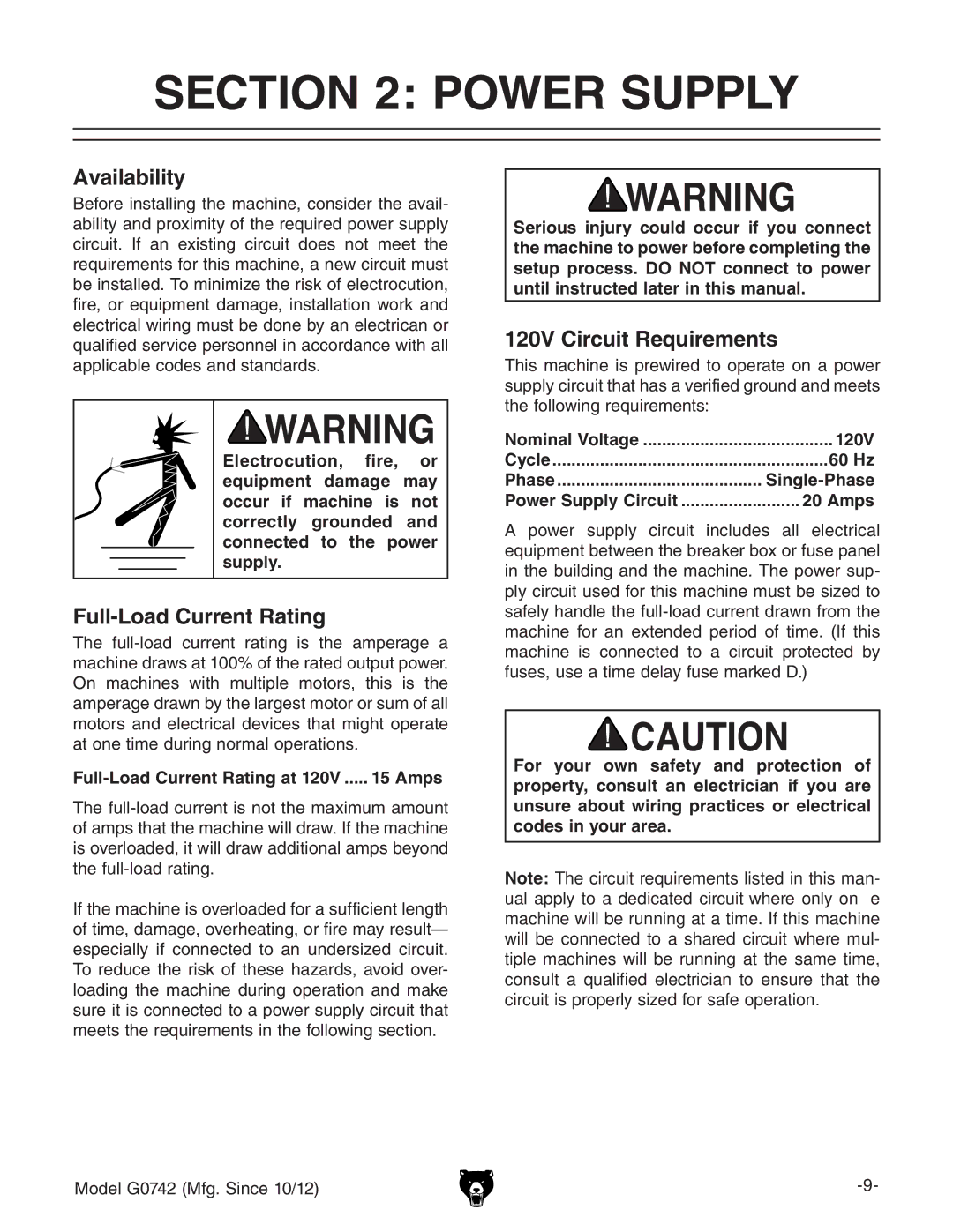 Grizzly G0742 owner manual Power Supply, Availability, Full-Load Current Rating, 120V Circuit Requirements 