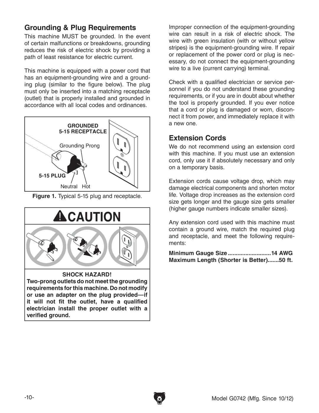 Grizzly G0742 owner manual Grounding & Plug Requirements, Extension Cords, Minimum Gauge Size 14 AWG, 50 ft 