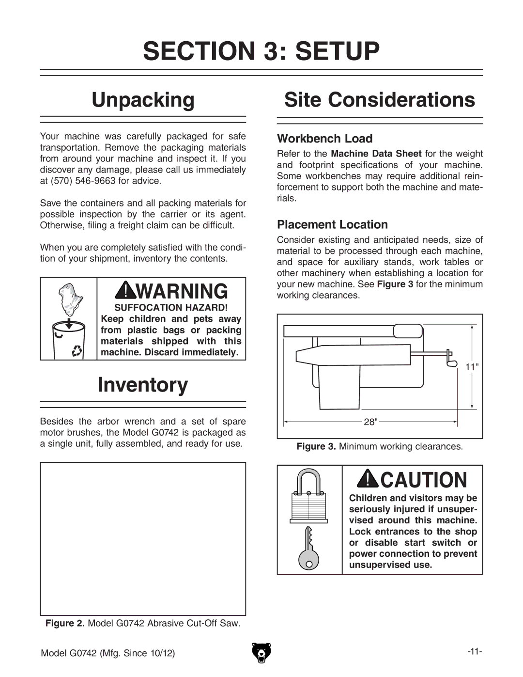 Grizzly G0742 owner manual Setup, Unpacking, Inventory, Site Considerations 